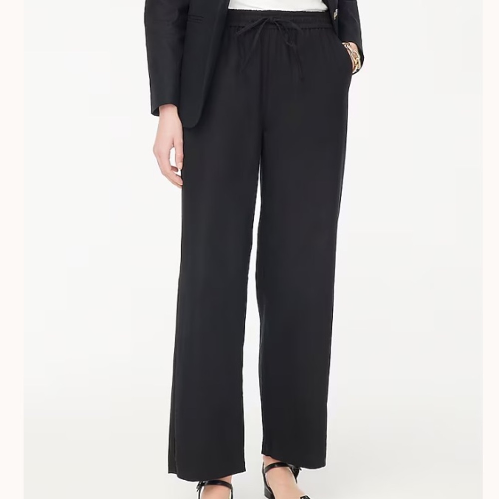 J Crew Black Linen-Blend Slim Wide-Leg Drawstring Pant